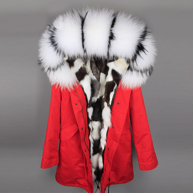 
            
                Load image into Gallery viewer, Raccoon Fur collar hooded coat warm Fox fur liner parkas long jacket
            
        