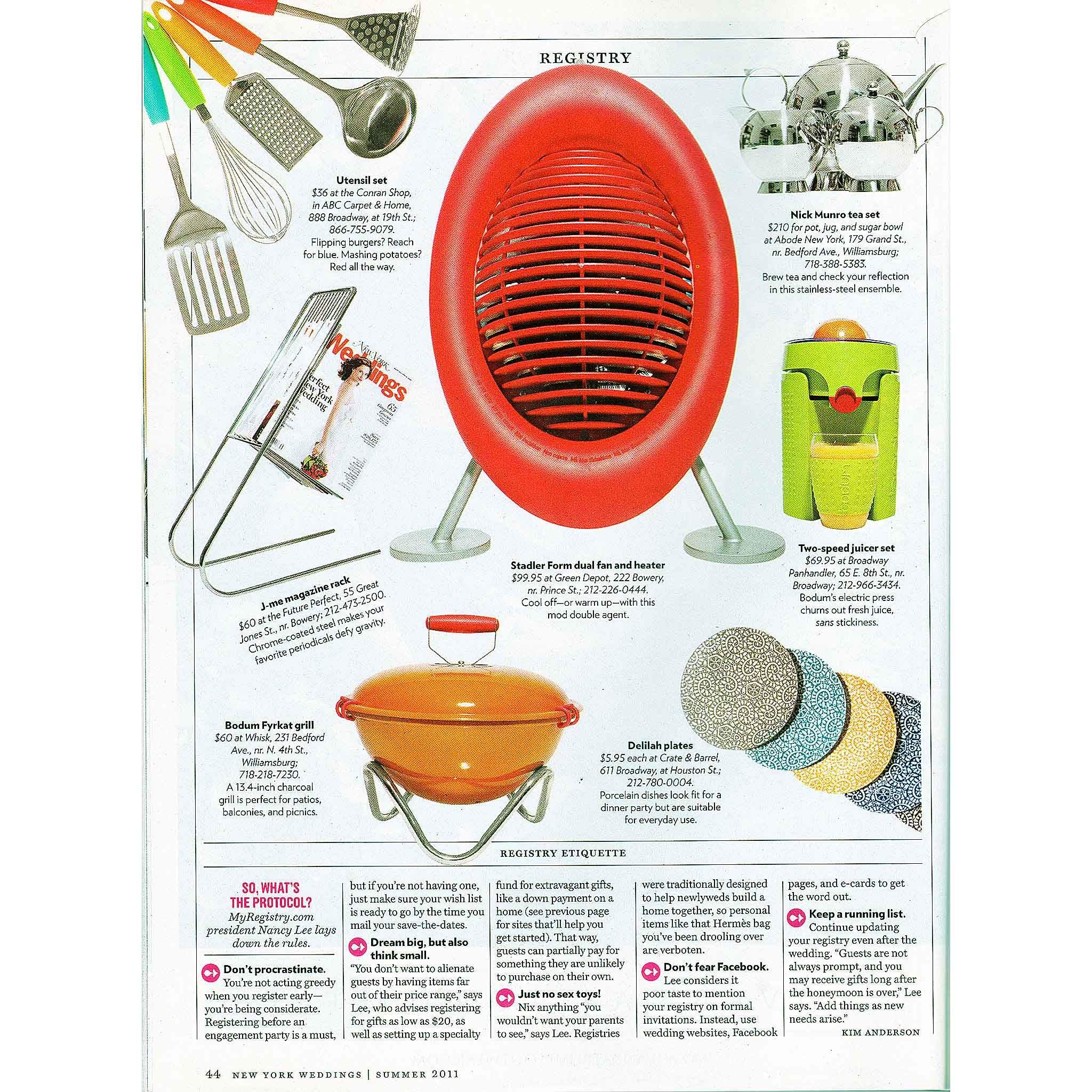 New York Weddings, "The Checklist: Gifts You'll Love - ISAK Co. UK's Blossom & Bill mugs and Nick Munro's Sunfish tea serving set," Summer 2011, pages 42 & 44.