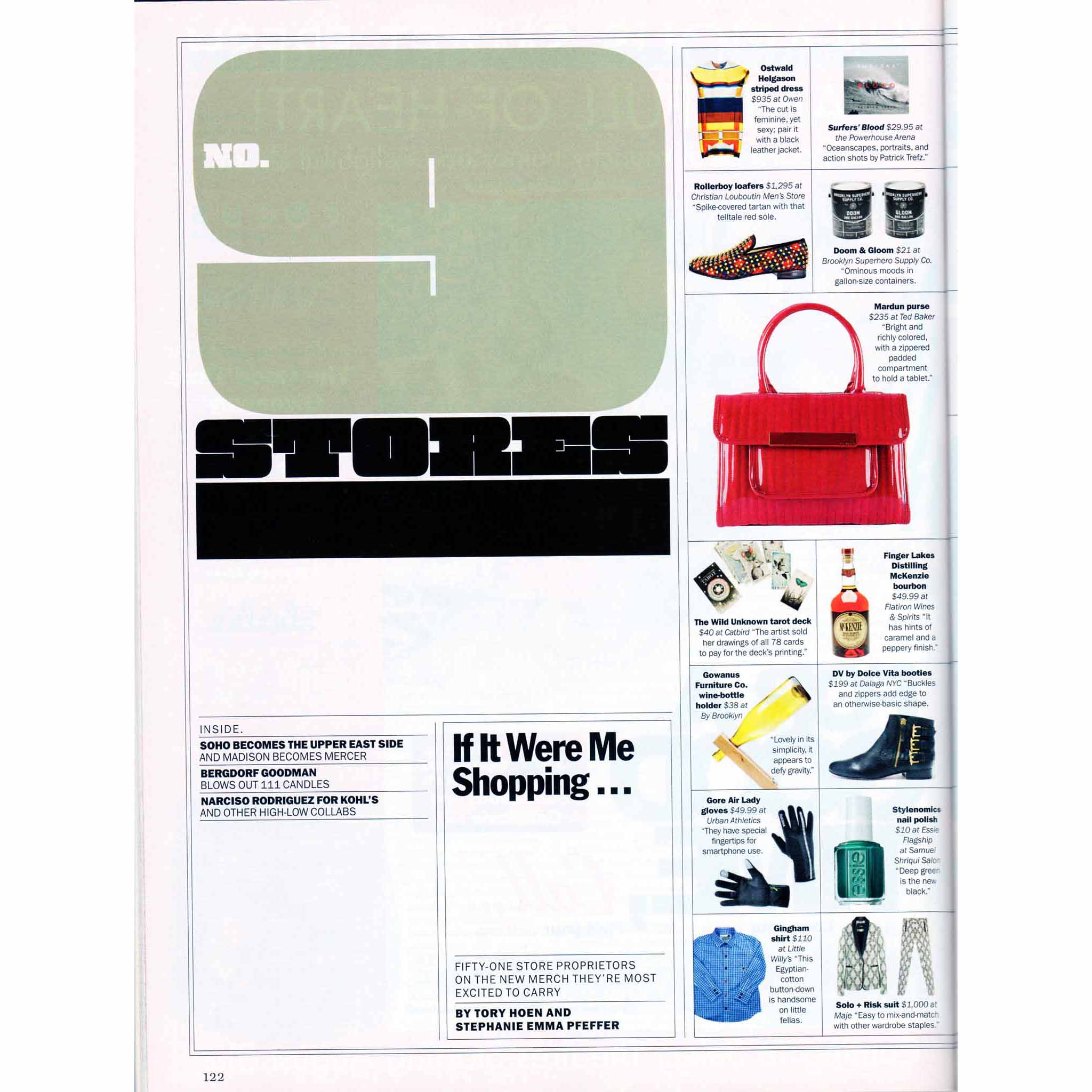 New York Magazine, Fall Preview 2012: If It Were Me Shopping, August 27 – September 3, 2012, pages 122-23.