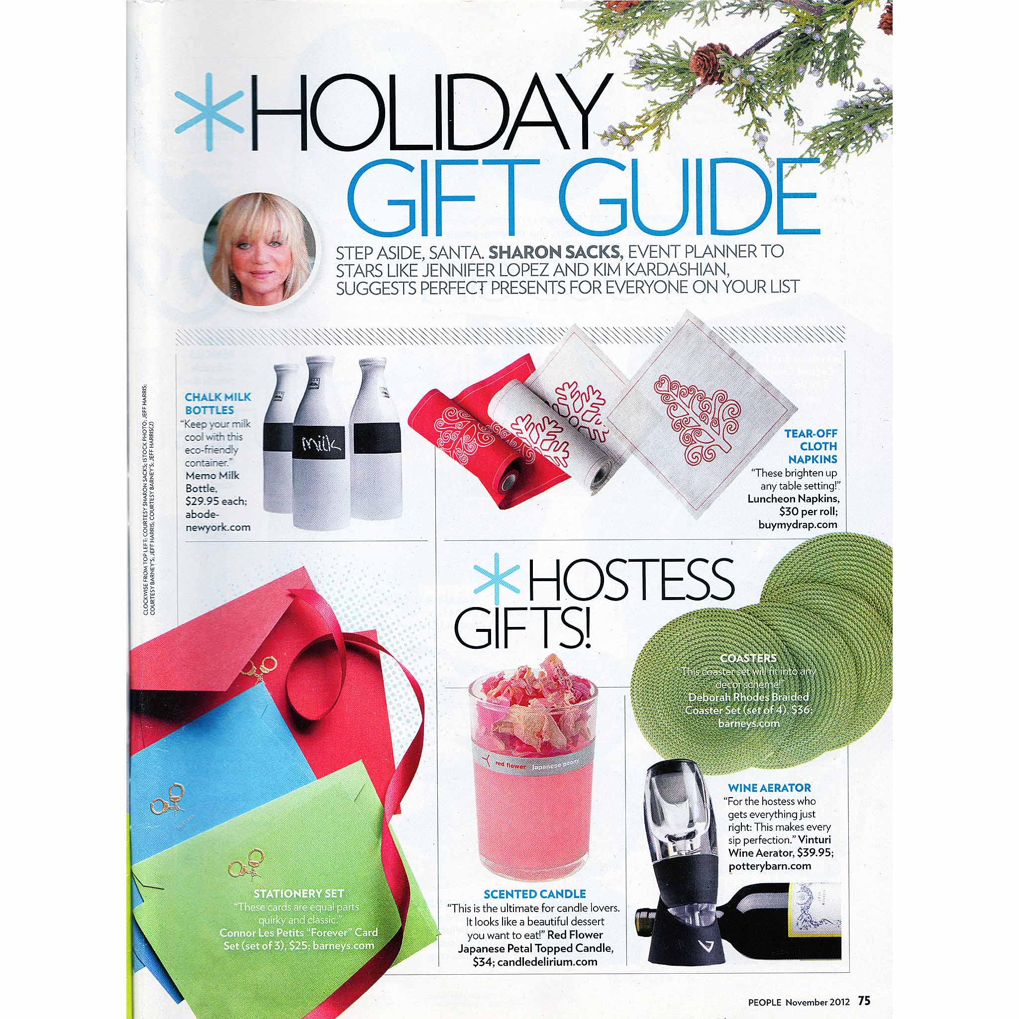 People Magazine Extra, "Sharon Sacks' Holiday Gift Guide," ASA-Selection's Memo Milk Bottle, November 2012, page 75.