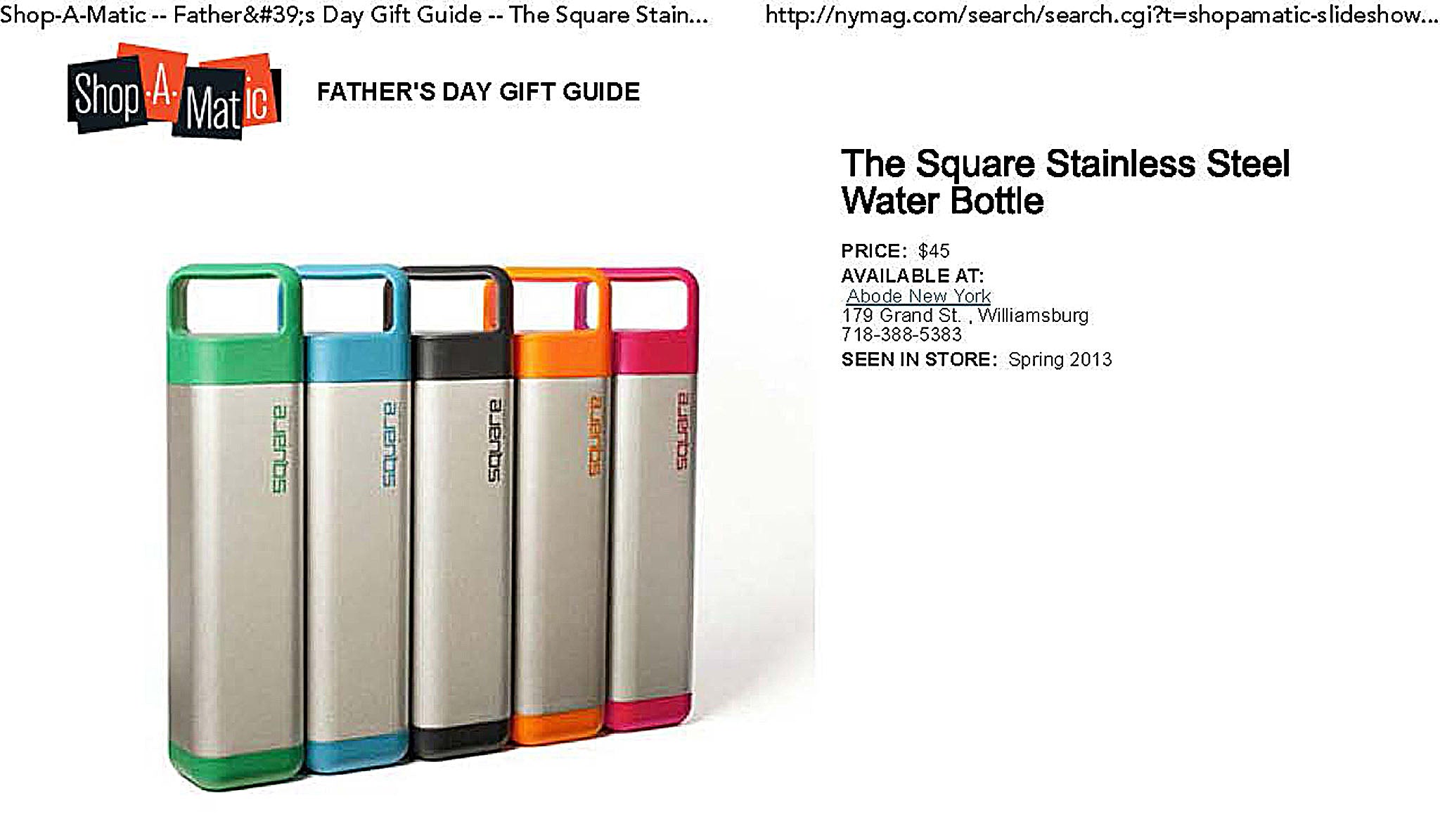 The Square Water Bottle by Clean Bottle. New York Magazine 2013 Father's Day  Shop-a-Matic Father’s Day Gift Guide.