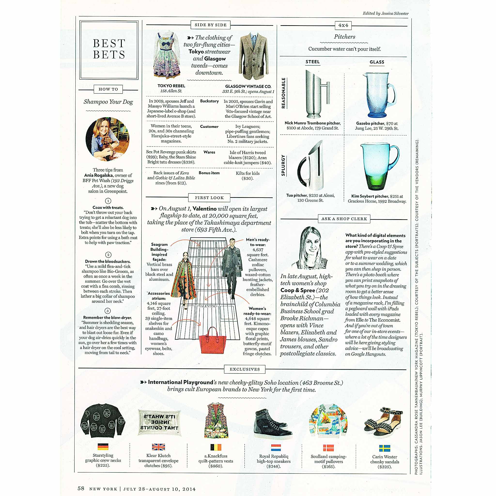 "The Strategist / Best Bets:  4x4 Pitchers" by Emma Whitford, New York Magazine, July 27, 2014. 4x4 Pitchers Cucumber water can’t pour itself. Steel/Reasonable: Nick Munro Trombone pitcher, $100 at Abode, 179 Grand St.