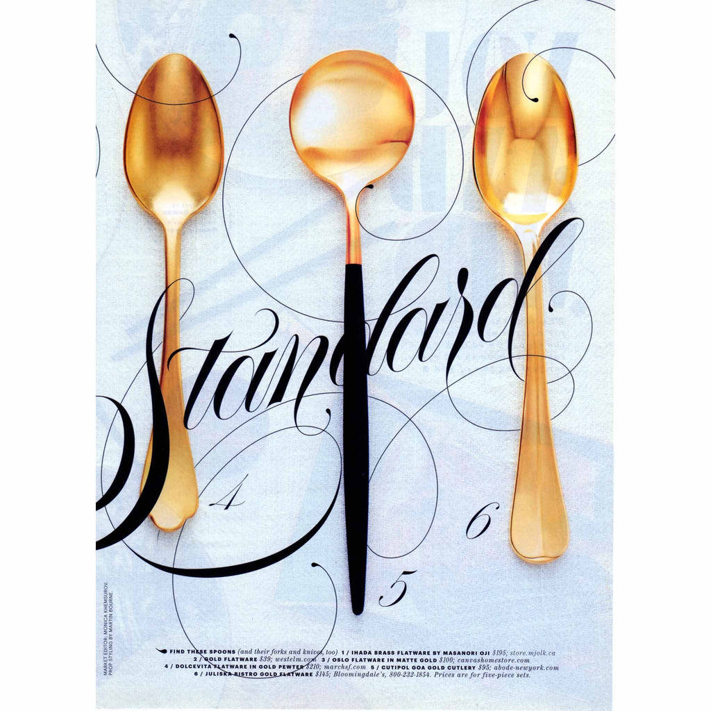 "The Gold Standard: The Coolest Silverware for Your Table Isn't Silver at All." Cutipol Goa Black Gold cutlery.