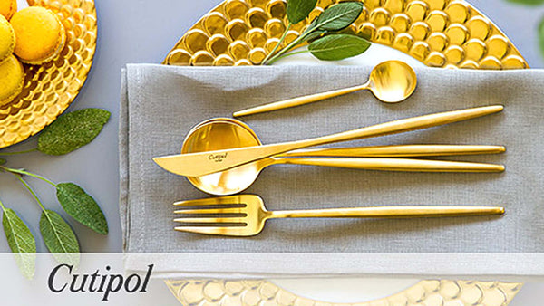 The Cutipol Moon matte brushed gold plated 24k collection is considered as one of the best cutlery in the world. Cutipol flatware is the choice of many of the mostdistinguished restaurants, hotels all over the world for it’s quality, sophistication and innovative spirit.