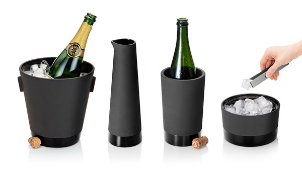 Magisso Cooling Ceramics for drinks collection: champagne bucket; 1L Carafe; Wine Cooler; and Ice Bucket with Tongs