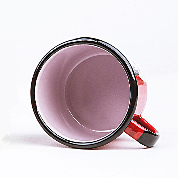 Pink interior of Blossom and Bill enamel mug.