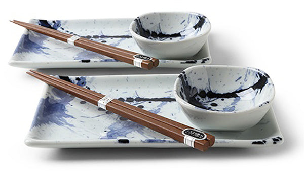 Blue Sumi Sushi Set includes two 8.75" x 5" rectangular plates, two 3.75" sauce dishes and two pairs of chopsticks so you can share some sushi with your honey. Also makes a nice candle/soap dish set. Packaged in a gift box making it perfect as a housewarming, hostess or wedding gift.