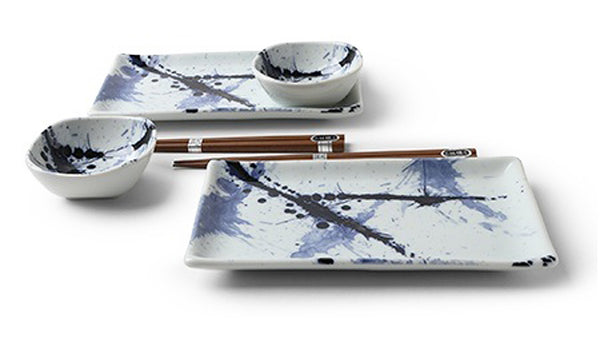 Blue Sumi Sushi Set J2782 includes two 8.75" x 5" rectangular plates, two 3.75" sauce dishes and two pairs of chopsticks.