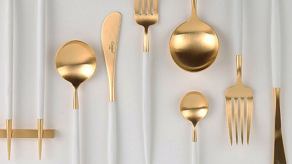 Cutipol Goa White Matte Gold Cutlery Collection is modern cutlery that is the best result of a constant effort for improvement, an insatiable spirit of innovation and the gathering of expertise and know-how over several generations going back to the very origins of the cutlery industry in Portugal.