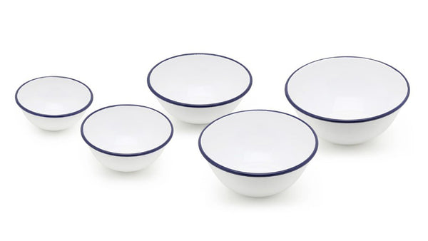Tsuki Usagi Jirushi Set of 5 Enamel Bowls. TJ-NAVYSETS. UPC 2902050900133. A collection of white enamel bowls with navy blue detailing that come in five different sizes.