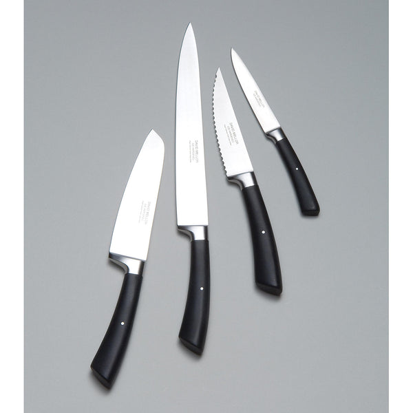 David Mellor black handle starter knife set: Paring knife 10cm; Cook's knife 12cm; Cook's knife 15cm; and Chef's knife 18cm. PRODUCT CODE 2515020.
