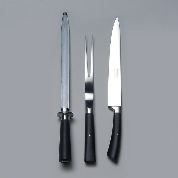 David Mellor black handle carving set: Carving knife 22.5cm; Carving fork 30cm; and Sharpening steel 37cm. PRODUCT CODE 2515090.