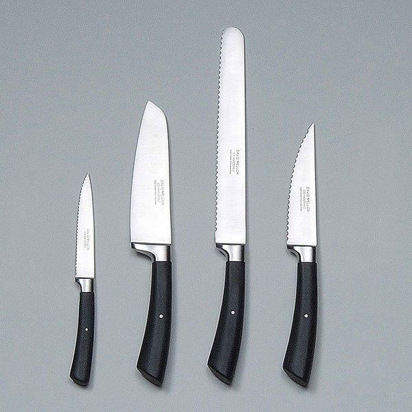 David Mellor black handle specialist knife set: Paring knife serrated 10cm; Vegetable knife serrated 12cm; Chopping knife 14cm; and Bread knife serrated 22cm. PRODUCT CODE 2515050.