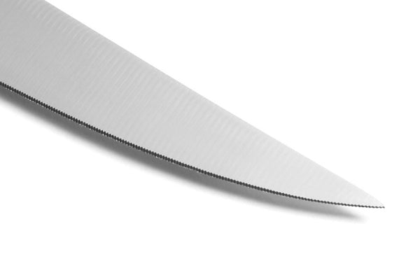 Corin Mellor's 'Black Handle' stainless steel kitchen knives, specially developed for David Mellor Design, have proved enormously popular since they were first introduced. These are razor sharp knives. The high carbon stainless steel blades exploit the latest techniques of steel casting and are then ice hardened to minus 80°c. This innovative process stabilizes the metallurgical structure of the steel, creating an extremely hard and durable cutting edge.