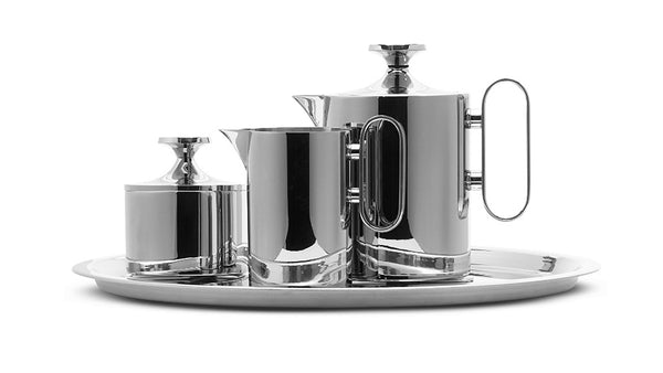 David Mellor stainless steel tea set 0.5lt, stainless handle. SKU 4803310. This tea set includes a matching: Teapot; Cream jug; Sugar pot with lid; Round tray with mat.