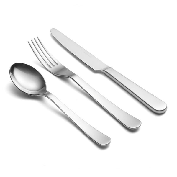 David Mellor Design Chelsea cutlery place setting by Corin Mellor. There are overtones of classic English 18th century cutlery in the satisfying shape of the hollow handled knife while the forks and spoons have a beautiful fluidity.