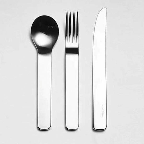 David Mellor Design Minimal Stainless Steel soup spoon, table fork and table knife.