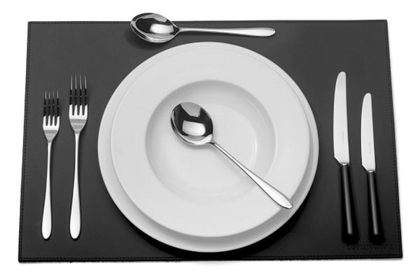 Pride black handled six-piece cutlery place setting. PRODUCT CODE 4993758. Black acetal resin knife handle. Comprising:  1 table knife 1 dessert knife 1 table fork 1 dessert fork 1 soup spoon 1 dessert spoon