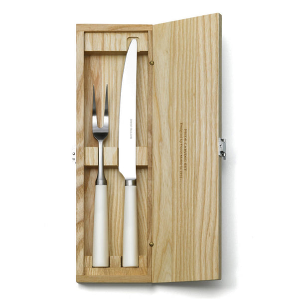 David Mellor Pride carving set. PRODUCT CODE 2518310. Comes in a solid ash case with hinged lid and clasp.  Comprising:  Carving Knife 20cm Carving Fork 25.5cm Box 35.5 x 11 x 5cm deep.