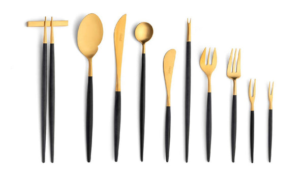 GOA BLACK MATTE BRUSHED GOLD PLATED Pastry fork; Butter knife; Long drink spoon; Lobster fork; Oyster fork; Steak knife; Cheese knife; Snail fork; Gourmet spoon; Chopstick set with support (3 pieces); and Japanese fork.