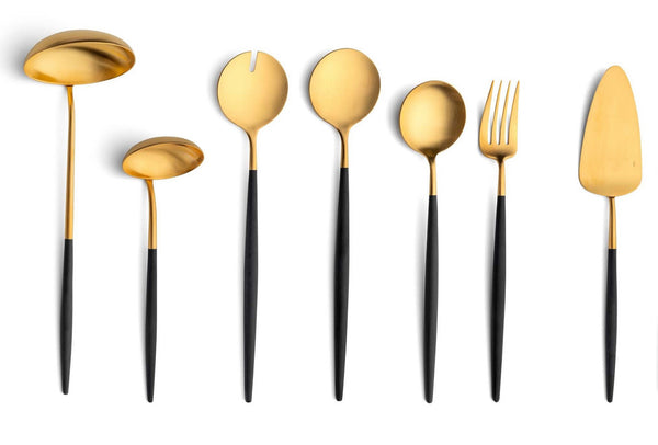 GOA BLACK MATTE BRUSHED GOLD PLATED 1 SOUP LADLE  1 SERVING SPOON  1 SERVING FORK  1 GRAVY LADLE  1 CAKE SERVER  1 SALAD SET