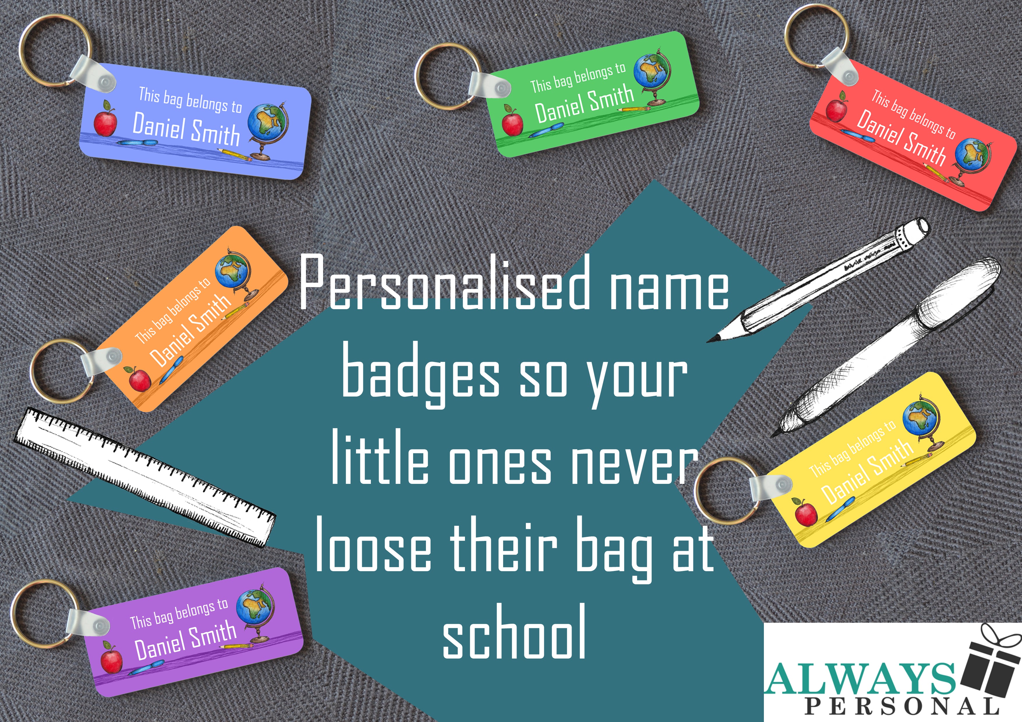 Personalised name badges in different colours, all the name badges have keyrings attached to easily attache them to bags
