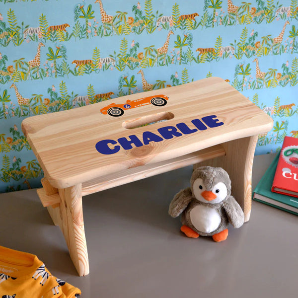 Personalised wooden race car children's step stool