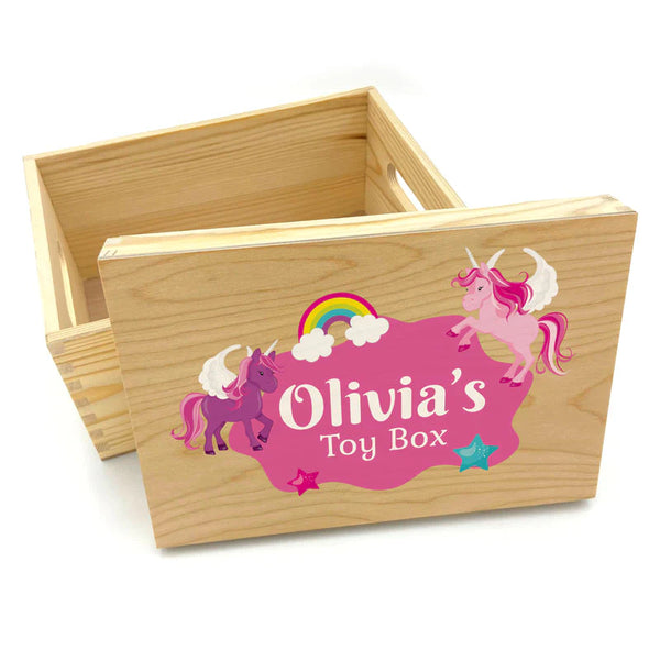Personalised wooden pink unicorn toy box with lift off lid