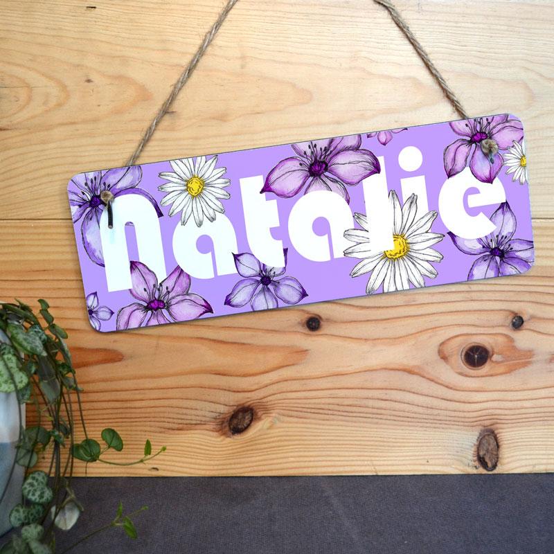 Personalised Bedroom Door Name Sign Purple Flowers