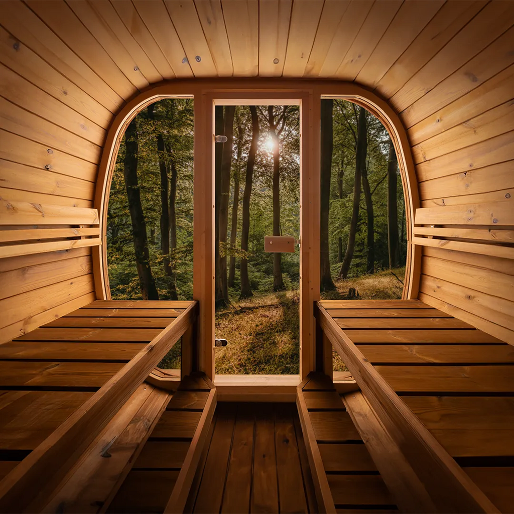 View from the interior of an outdoor sauna.