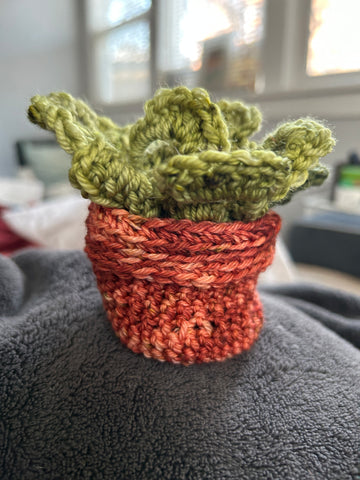 a terra cotta colored yarn pot with moss green mostera leaf coasters sits on a grey surface