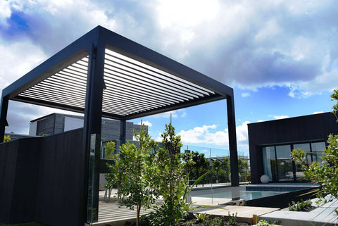 outdoor shutter roof with simple cube pillars by the pool