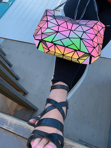 geometric luminous holographic iridescent crossbody bag
