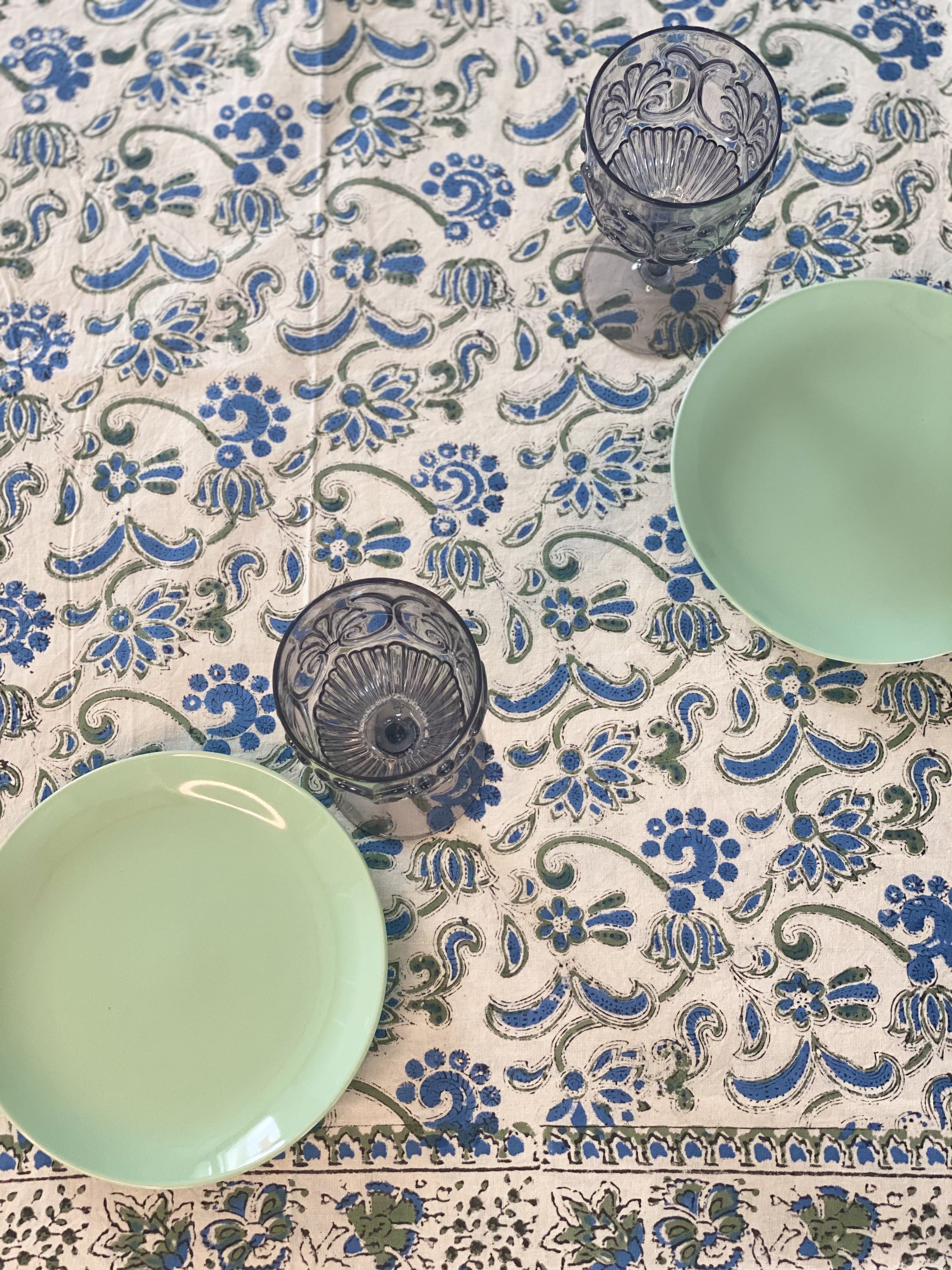 Block Print Tablecloth | Blue/Green Floral