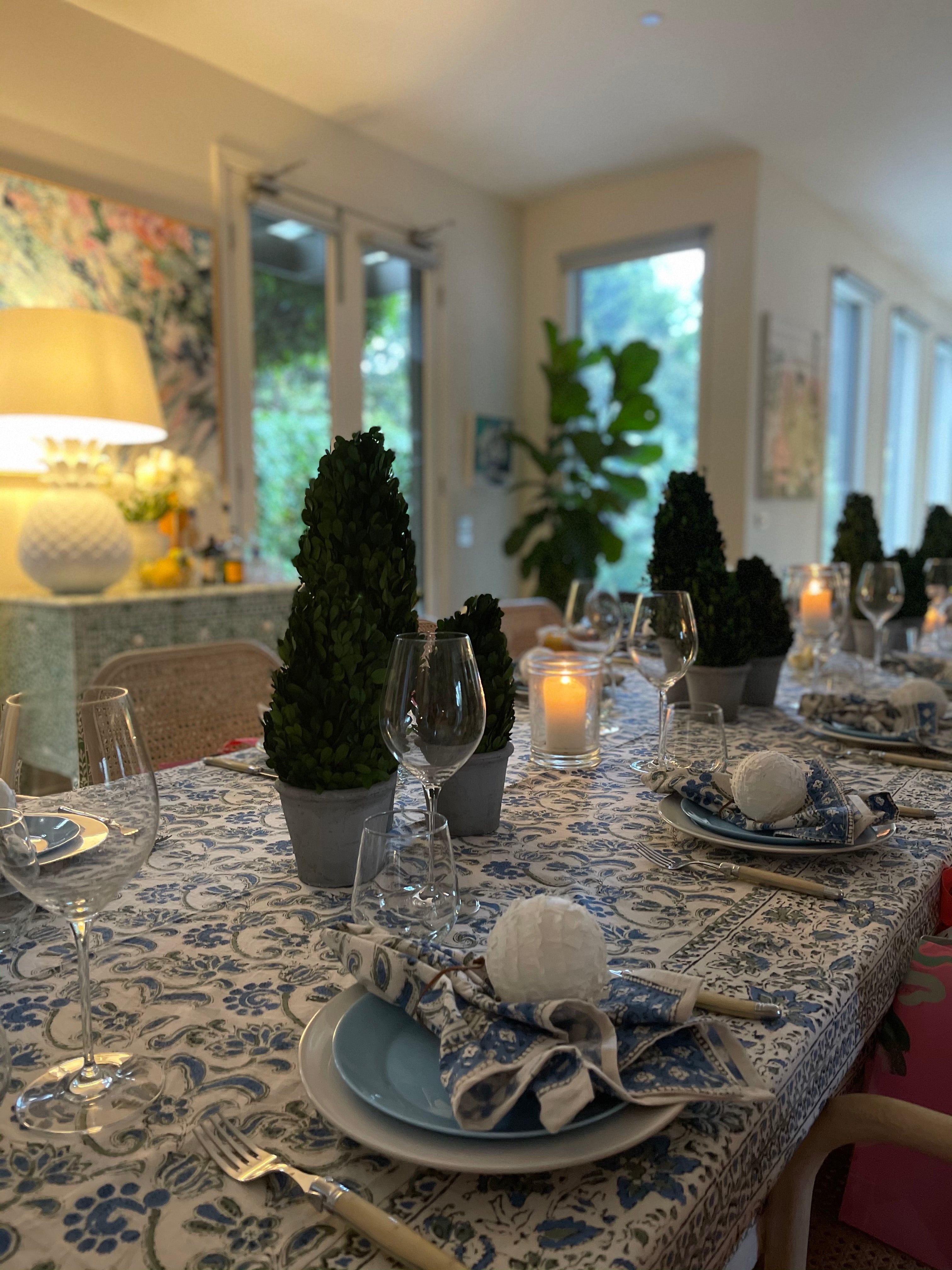 Block Print Tablecloth | Blue/Green Floral