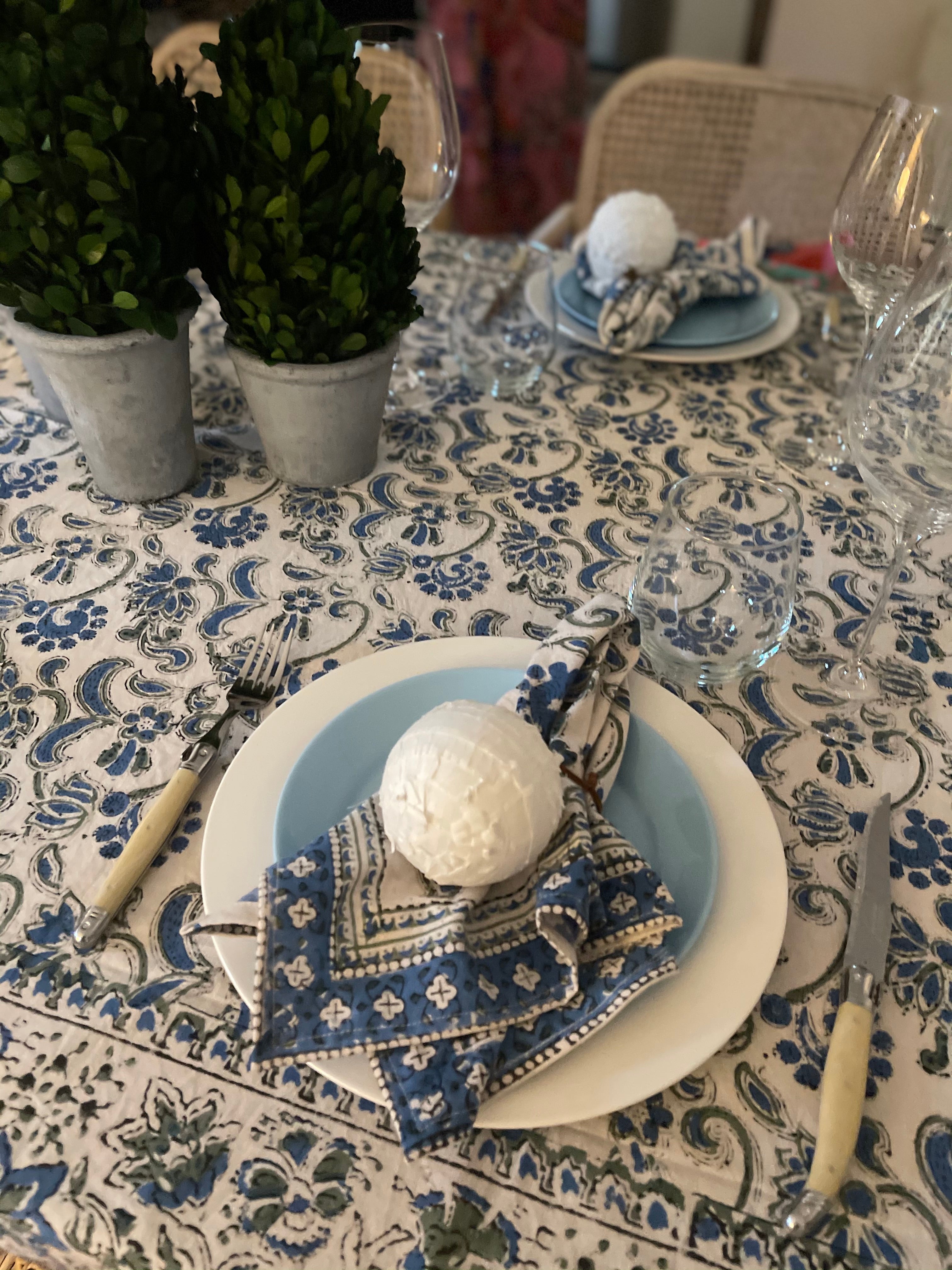 Block Print Tablecloth | Blue/Green Floral