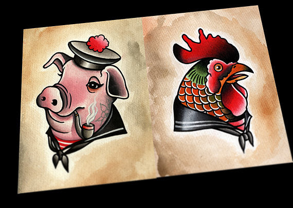 Chicken and Pig Nautical Tattoo Flash Prints  Parlor Tattoo Prints