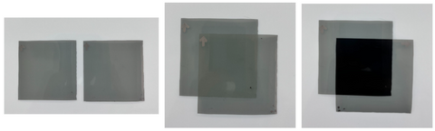 Picture of polarizing filters on a light box. Left: two filters next to each other; Middle: two filters stacked parallel to each other; Right: two filters stacked perpendicular to each other