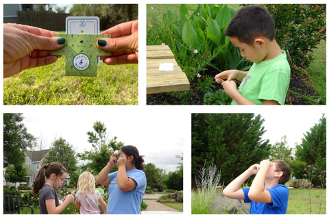 Picture of children using the Foldscope Mini and collecting samples outdoors