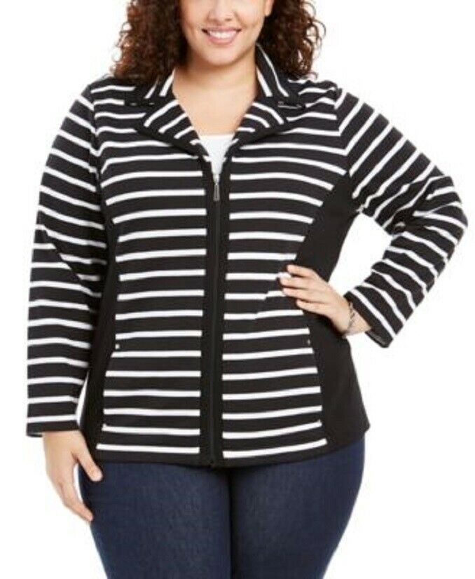 New Karen Scott Women's Black Stripe Long Sleeve Full Zipper Jacket Si ...