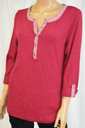 Karen Scott Women Split Neck Cotton Red Printed Trim Blouse Top L