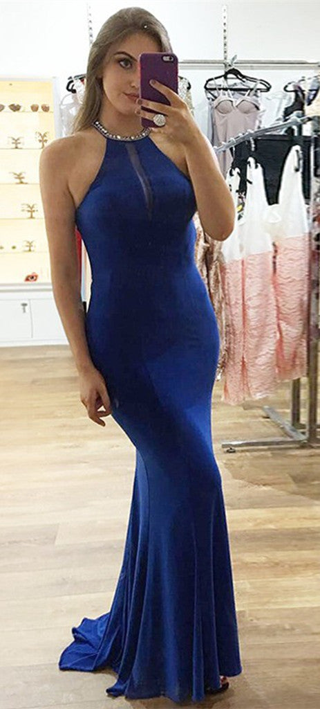 Mermaid Halter Sleeveless Royal Blue Beading Back Prom Dresses, PD0700 ...
