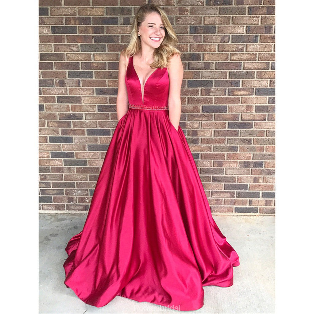 A-line V-neck Long Red Ball Gown,Prom Dress With Pocket, PD0606 ...