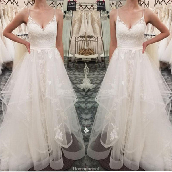 Spaghetti Straps Lace Appliques Organza Cheap Wedding Dresses