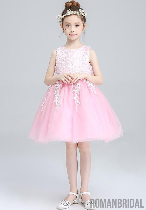 Ivory Round Neck Lace Tulle Flower Girl Dresses, Zip up Cute Little Gi ...