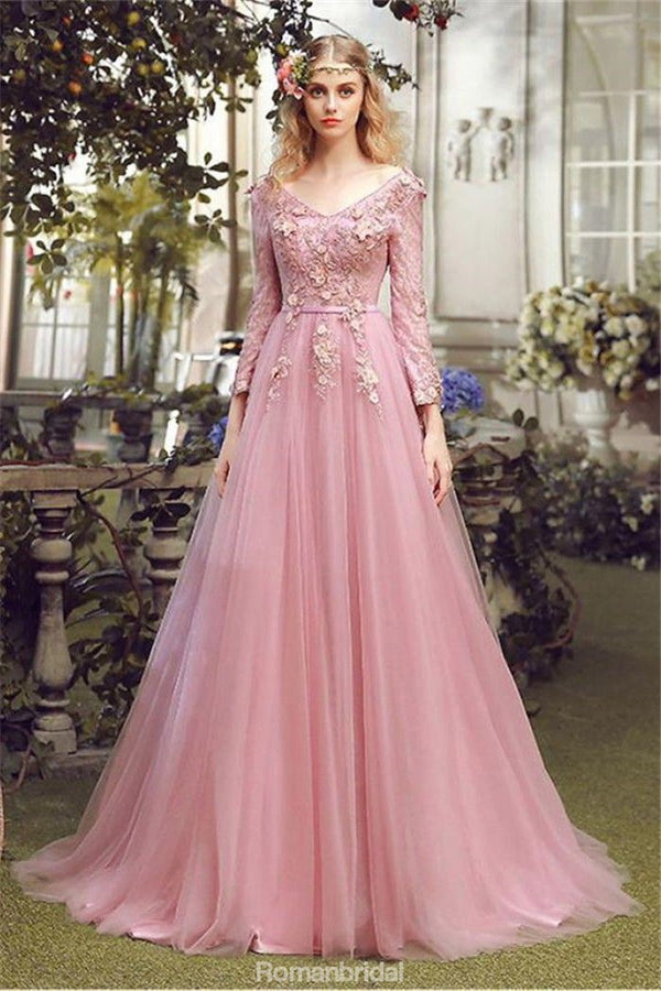 Floor Length A Line V Neck Long Sleeve Evening Dress Pink Lace Appliq Romanbridal 9345