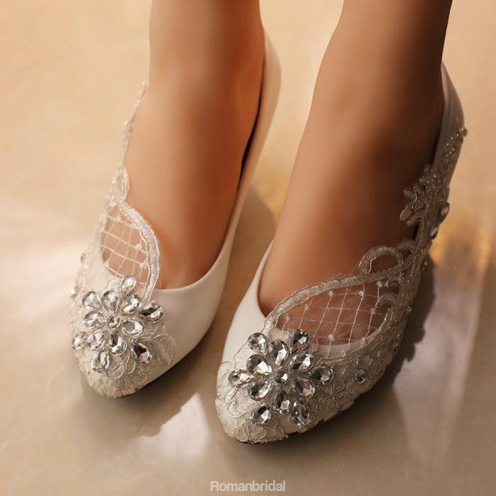 Handmade Middle Heels Pointed Toe Lace Crystal Wedding Bridal Shoes, S ...