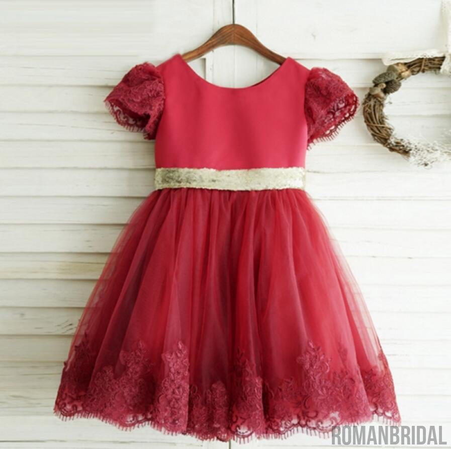 Red round neck Puff Sleeve Cute lace flower girl dress with big Golden ...