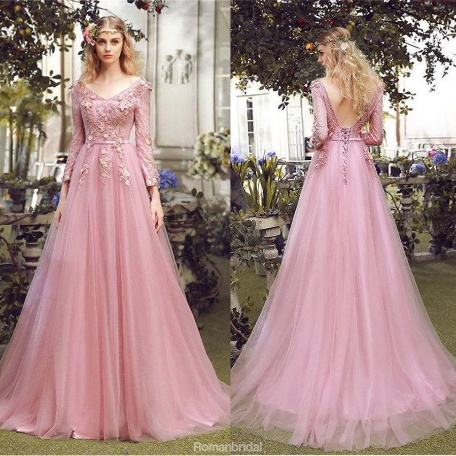 Floor-length A-line V-neck long sleeve evening dress, Pink lace appliq ...