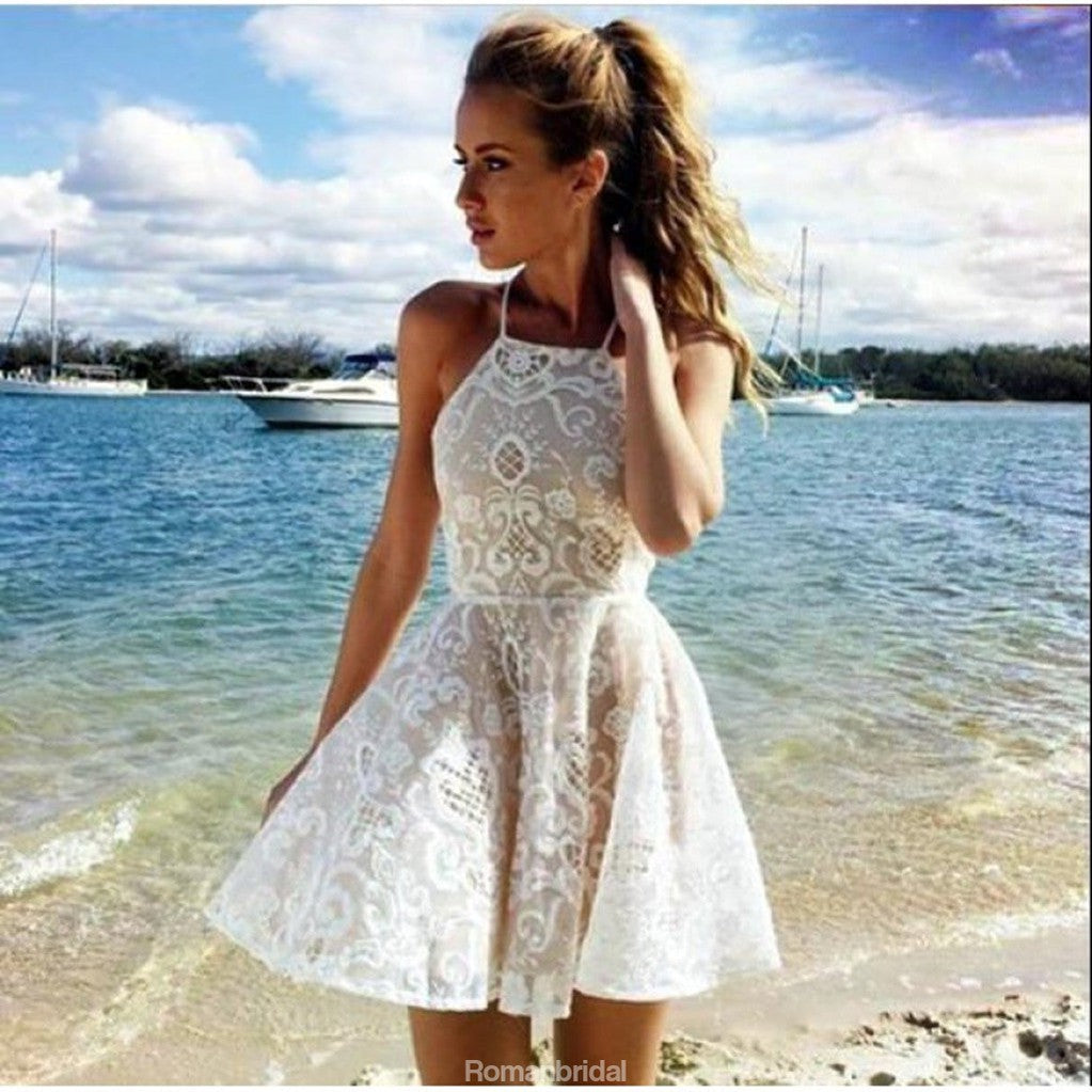 A-line Halter Lace Ivory Short Prom Dress Party Dress simple popular h ...